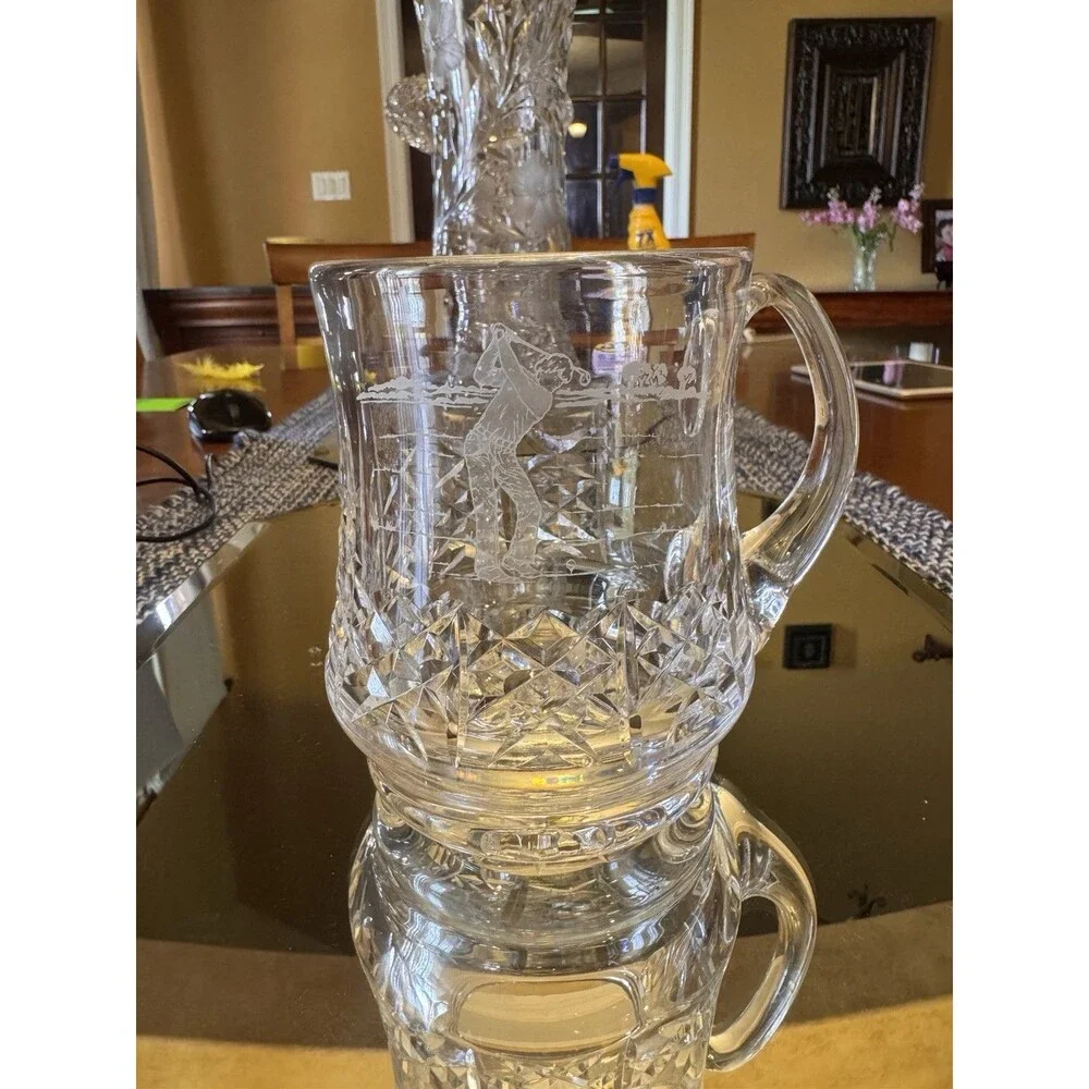 Golf Edinburgh Crystal Decanter Set w/ Stopper & 4 Glasses, 2 tankards, Vase 9pc